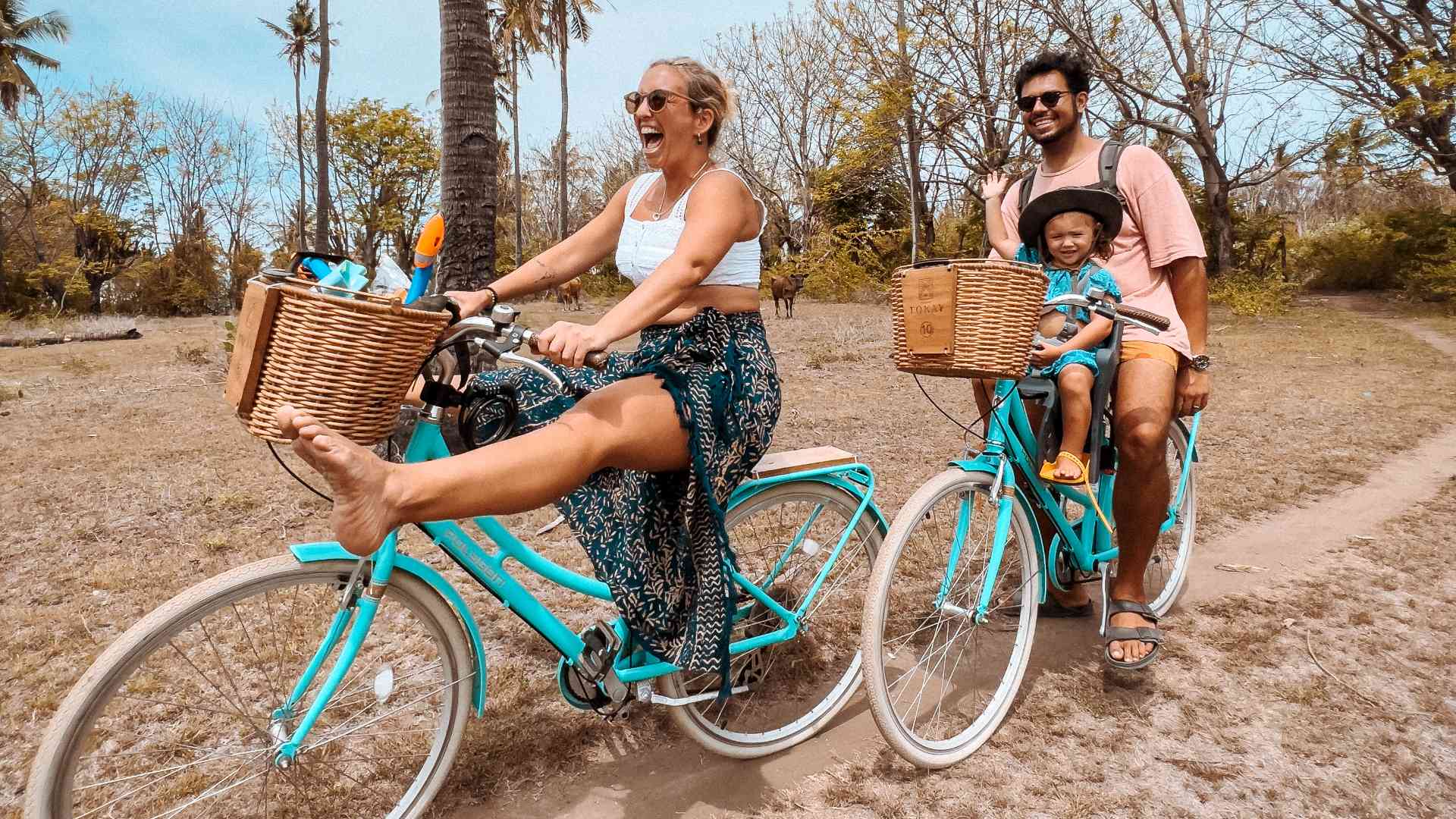 A family biking around Gili Air